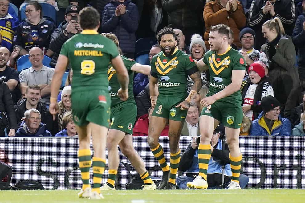 Australia’s Josh Addo-Carr (centre) celebrates scoring their side’s first try of the game with team-mates during the Rugby League World Cup semi-final match at Elland Road, Leeds. Picture date: Friday November 11, 2022.