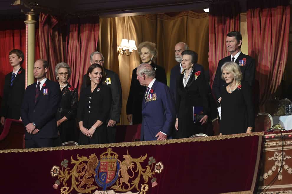 Members of the Royal family, including, the Prince of Wales, the Duchess of Cornwall, the Duke and Duchess of Cambridge, the Earl and Countess of Wessex, the Princess Royal and Vice Admiral Sir Tim Laurence, the Duke and Duchess of Gloucester, the Duke of Kent and Princess Alexandra, stand in the Royal box during the annual Royal British Legion Festival of Remembrance at the Royal Albert Hall in London. Picture date: Saturday November 13, 2021.
