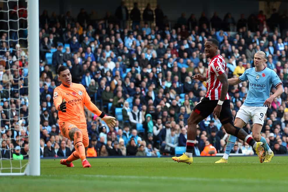 Ivan Toney scores the winner for Brentford at Manchester City (Nigel French/PA)