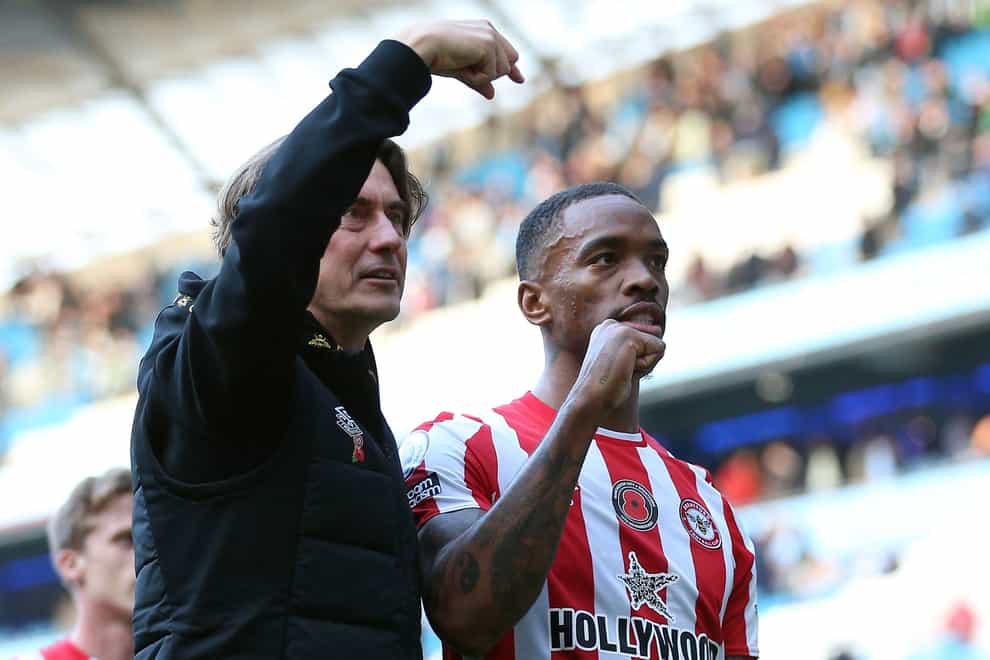 Brentford manager Thomas Frank celebrates with Ivan Toney after the win at Manchester City (Nigel French/PA)