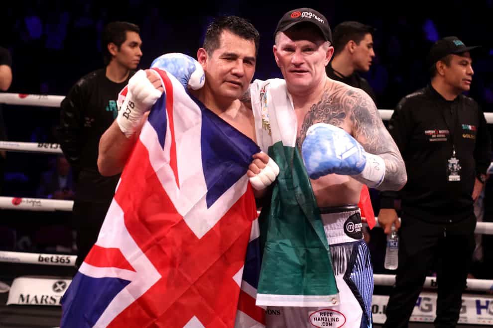 Ricky Hatton (right) and Marco Antonio Barrera after their exhibition bout (Ian Hodgson/PA)