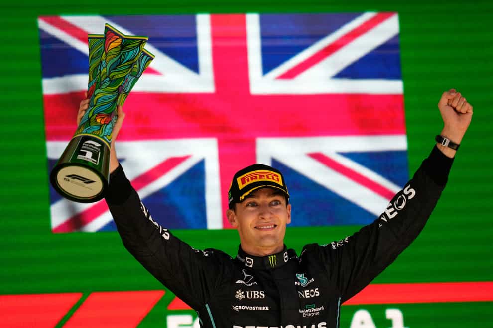 George Russell celebrates his victory at the Brazilian Grand Prix (Andre Penner/AP/PA)