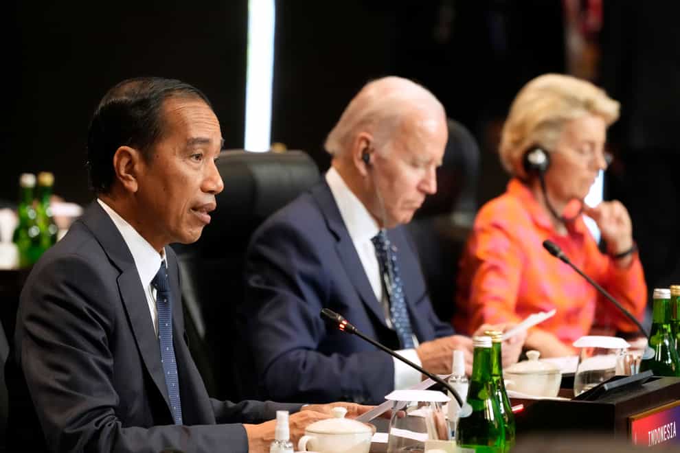Indonesia’s President Joko Widodo speaks next to US President Joe Biden and European Commission President Ursula von der Leyen co-hosts the Partnership for Global Infrastructure and Investment meeting at the G20 summit (Alex Brandon/AP/PA)