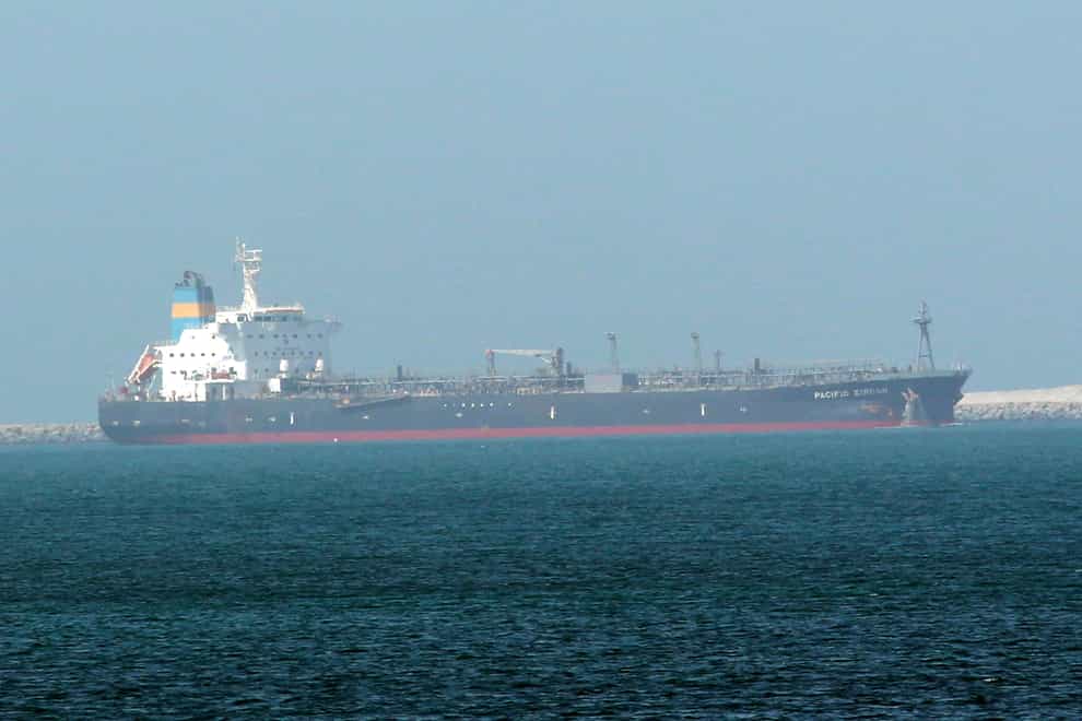 This undated photo made available by Nabeel Hashmi shows Liberian-flagged oil tanker Pacific Zircon, operated by Singapore-based Eastern Pacific Shipping in Jebel Ali port, in Dubai, United Arab Emirates, on Aug. 16, 2015. An oil tanker associated with an Israeli billionaire has been struck by a bomb-carrying drone off the coast of Oman amid heightened tensions with Iran. (AP Photo/Nabeel Hashmi)