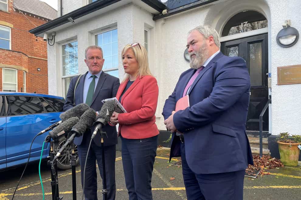 Michelle O’Neill, Conor Murphy and Colm Gildernew following a meeting with nurses in Belfast (Jonathan McCambridge/PA)