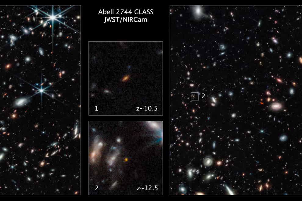 Two of the farthest galaxies seen to date captured by the James Webb Space Telescope in the outer regions of the giant galaxy cluster Abell 2744 (NASA, ESA, CSA, Tommaso Treu (UCLA), Zolt G. Levay (STScI) via AP)