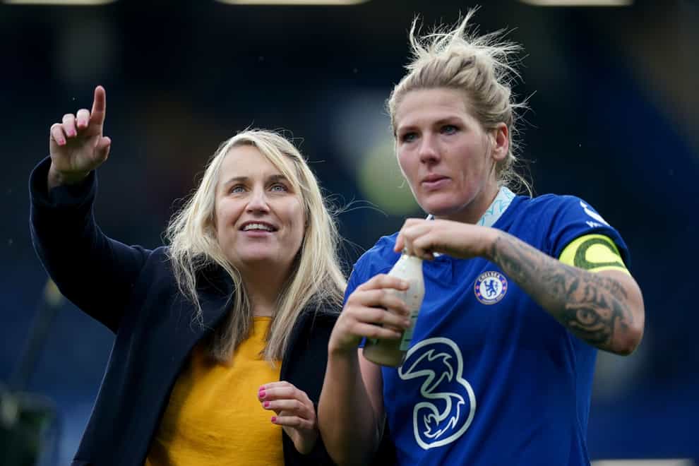 Chelsea boss Emma Hayes (left), with Millie Bright, returned for the Blues’ win at Stamford Bridge (John Walton/PA)