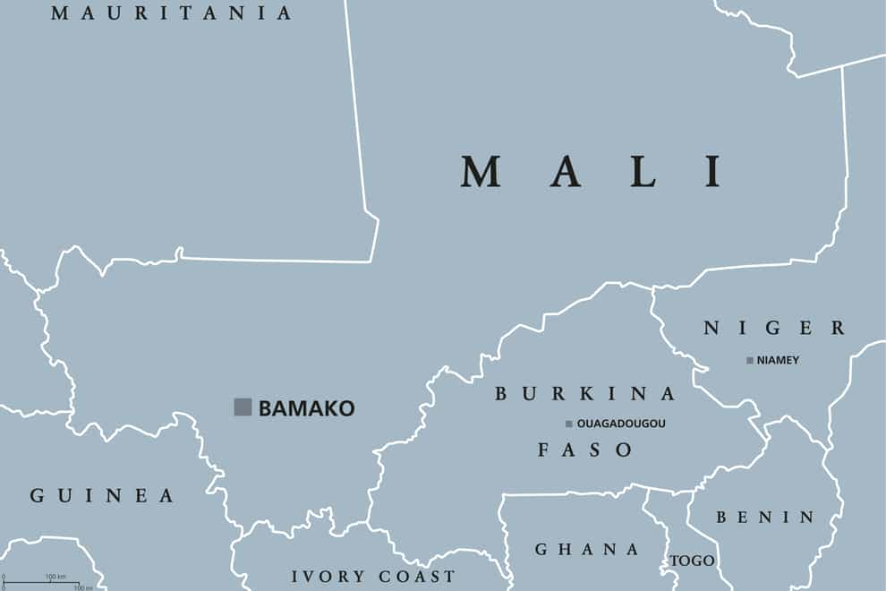 JHFW5H Mali political map with capital Bamako, international borders and neighbors. Republic and landlocked country in West Africa. Gray illustration.
