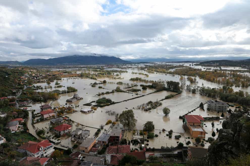 A general view of a flooded area near Shkoder town, north-west Albania (Franc Zhurda/AP)