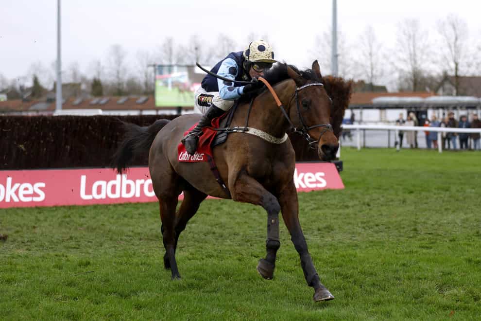 Edwardstone ridden by jockey Tom Cannon on their way to winning the Ladbrokes Wayward Lad Novices’ Chase (Grade 2) during Desert Orchid Chase Day of the Ladbrokes Christmas Festival at Kempton Park. Picture date: Monday December 27, 2021.