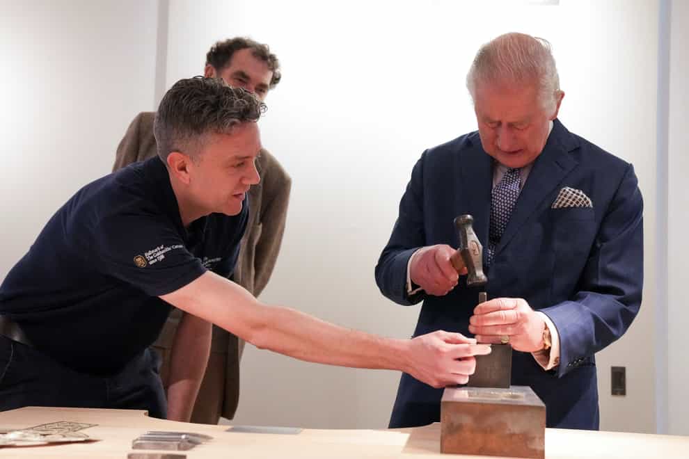 Charles, right, during a visit to The Goldsmiths’ Centre in London (Maja Smiejkowska/PA)