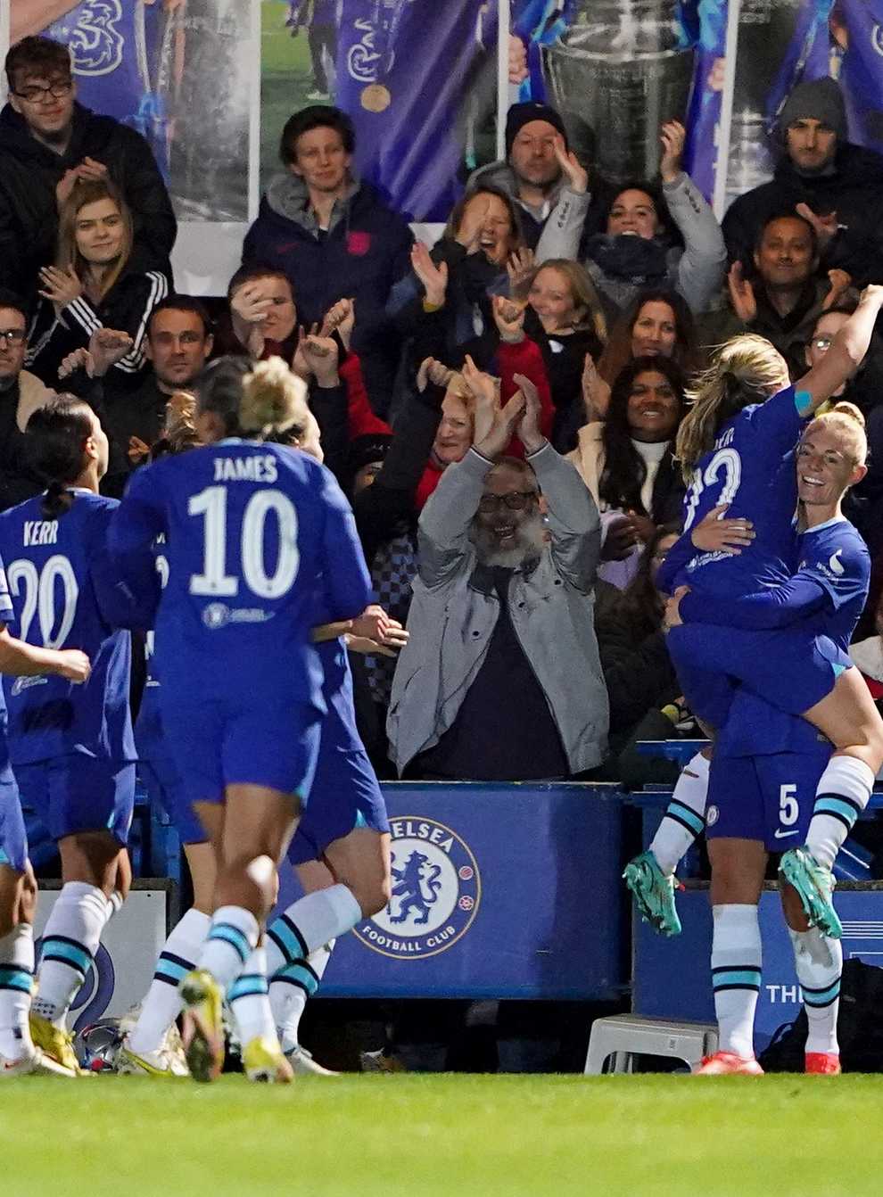 Chelsea’s Sophie Ingle, far right, celebrates her opening goal against Real Madrid (Zac Goodwin/PA)