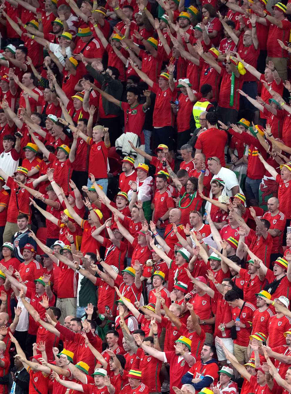 Wales fans in the stands during the Fifa World Cup Group B match at the Ahmad Bin Ali Stadium, Al-Rayyan, Qatar. Picture date: Monday November 21, 2022.