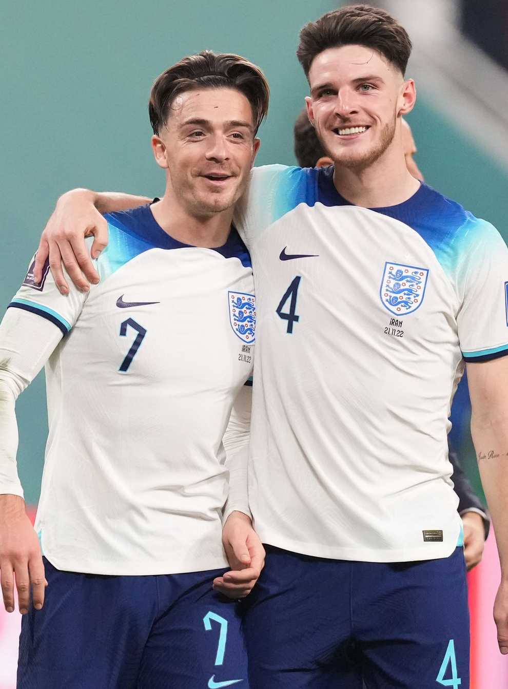 Jack Grealish (left) celebrates with Declan Rice after England’s win over Iran (Martin Rickett/PA)