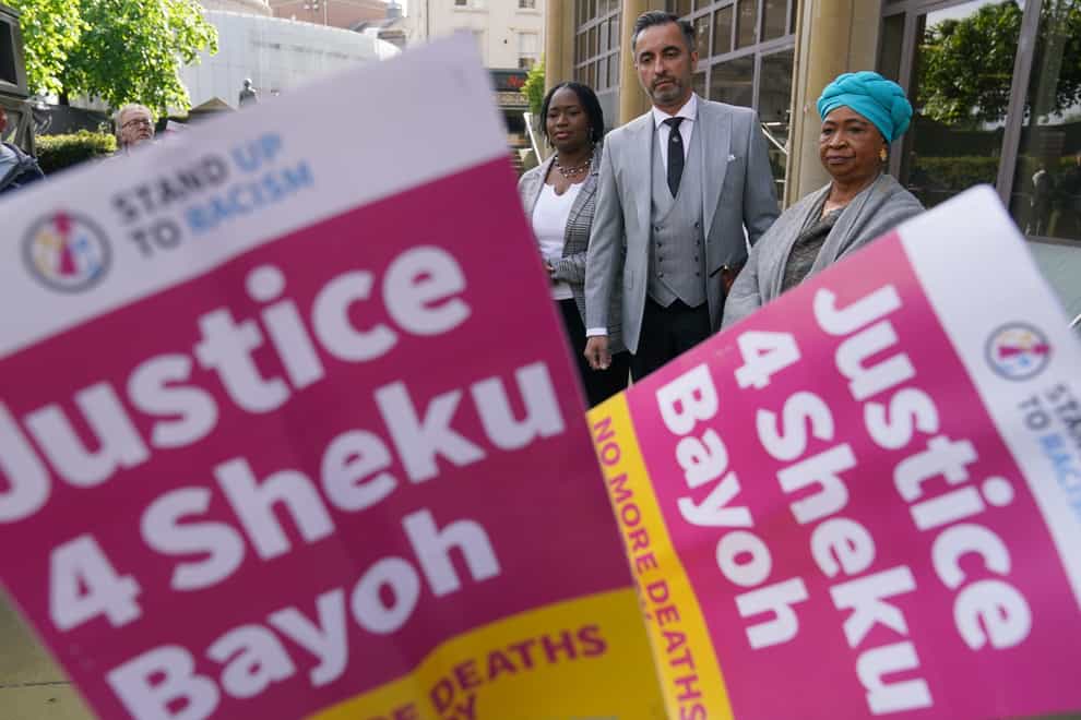 Sheku’s mother Aminata Bayoh, right, with lawyer Aamer Anwar outside Capital House in Edinburgh for the public inquiry into Sheku Bayoh’s death is taking place (Andrew Milligan/PA)