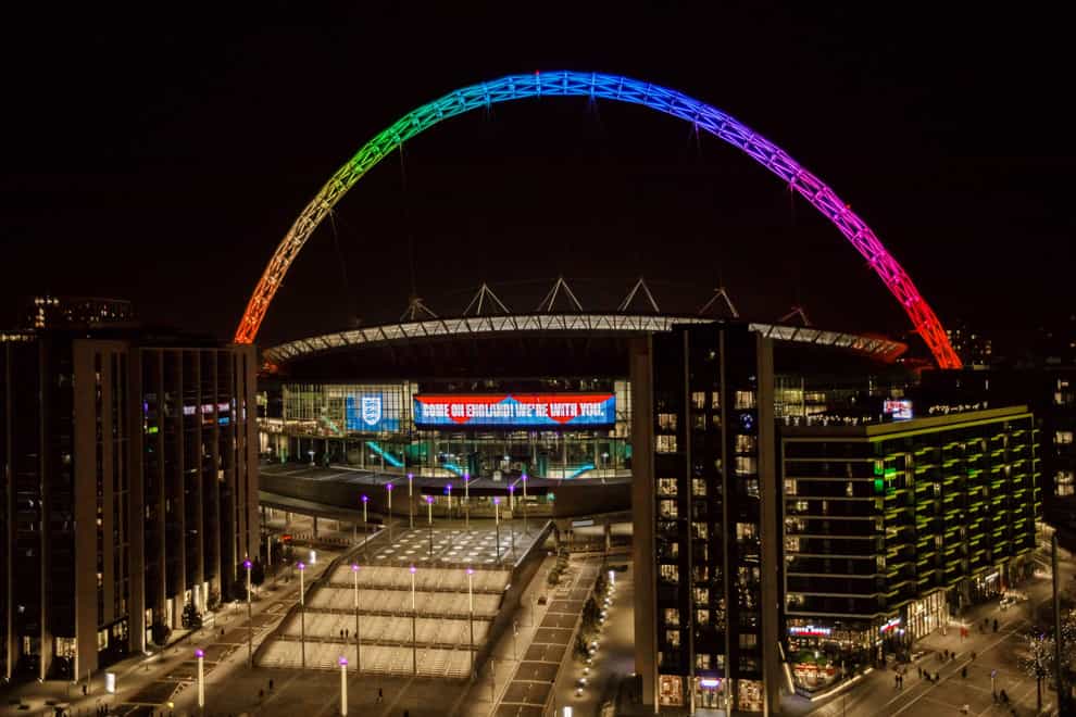 The Wembley arch lit up in rainbow colours (FA Handout/PA).