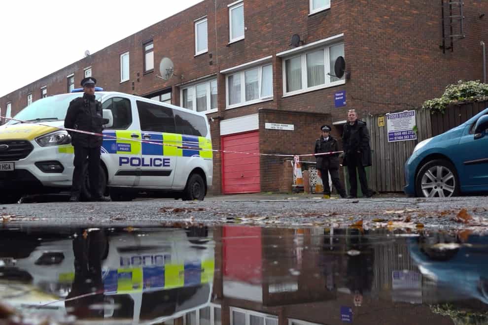 The scene at Titmuss Avenue, Thamesmead, in south-east London, following the fatal stabbings of two 16-year-old boys just a mile apart (Grace Donaghy/PA)