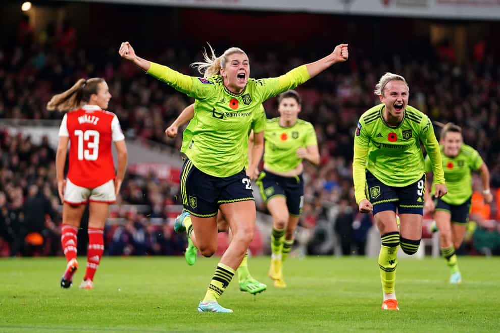 Alessia Russo celebrates her late winner for Manchester United Women against Arsenal (Zac Goodwin/PA)