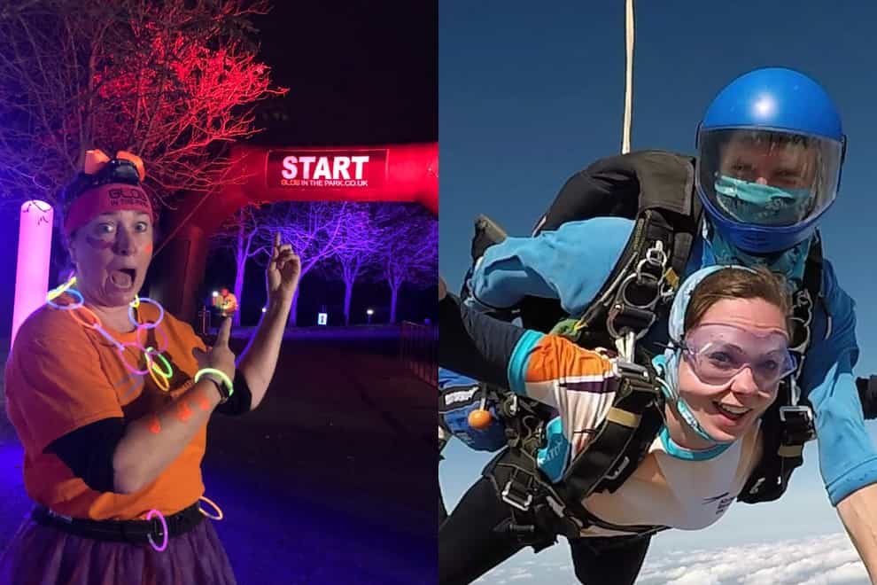 (From left to right) Shelle Luscombe taking part in a 5k and skydiving (Shelle Luscombe)
