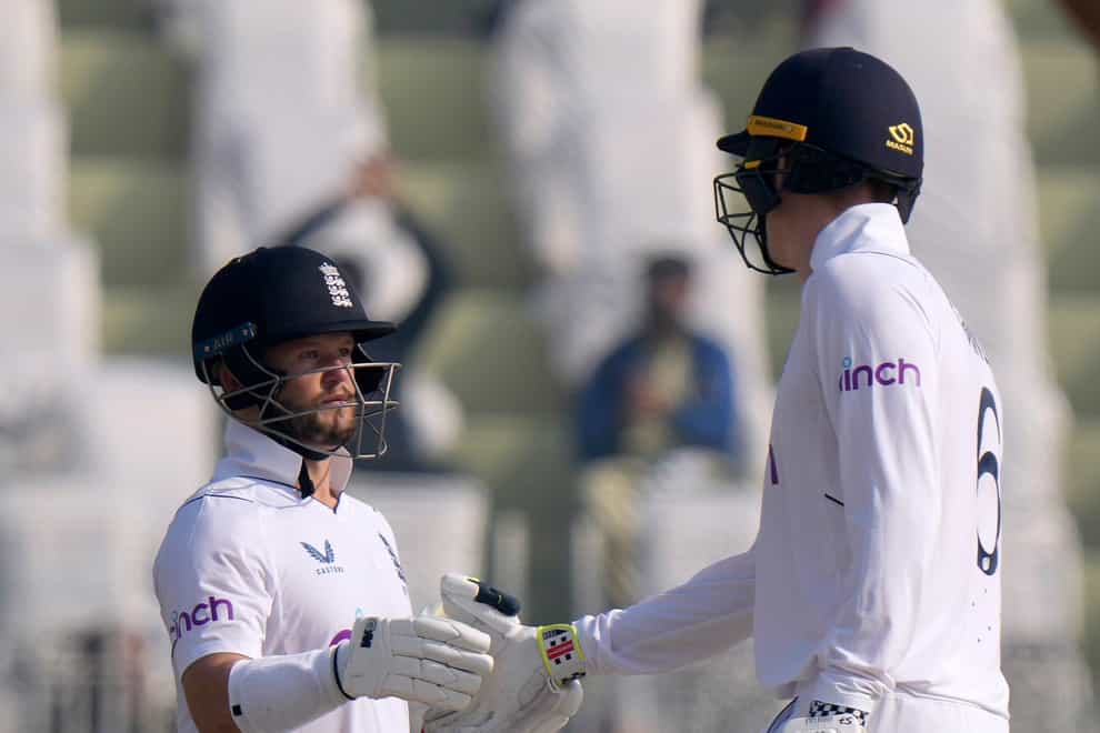 England’s attacking brand of cricket reached new heights as Zak Crawley and Ben Duckett powered the visitors to 174 without loss (Anjum Naveed/AP)
