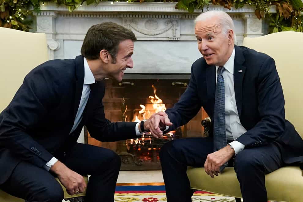 President Joe Biden meets with French President Emmanuel Macron in the Oval Office of the White House in Washington, Thursday, Dec. 1, 2022, during a State Visit. (AP Photo/Andrew Harnik)