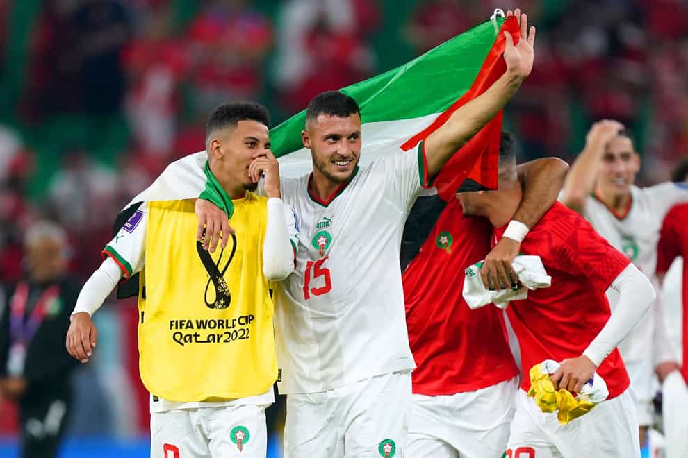 Morocco’s Azzedine Ounahi (left) and Selim Amallah celebrate reaching the World Cup last 16 after beating Canada (Mike Egerton/PA)