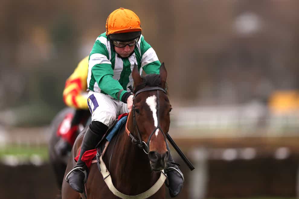 Authorised Speed ridden by jockey Jamie Moore on their way to winning the Brian Giles Memorial ‘National Hunt’ Novices’ Hurdle at Sandown (Steven Paston/PA)