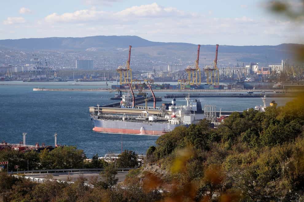 An oil tanker is moored at the Sheskharis complex in Novorossiysk, Russia (AP)