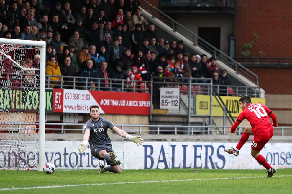 Ruel Sotiriou scores Leyton Orient’s third goal against Bradford (Kieran Cleeves/PA)