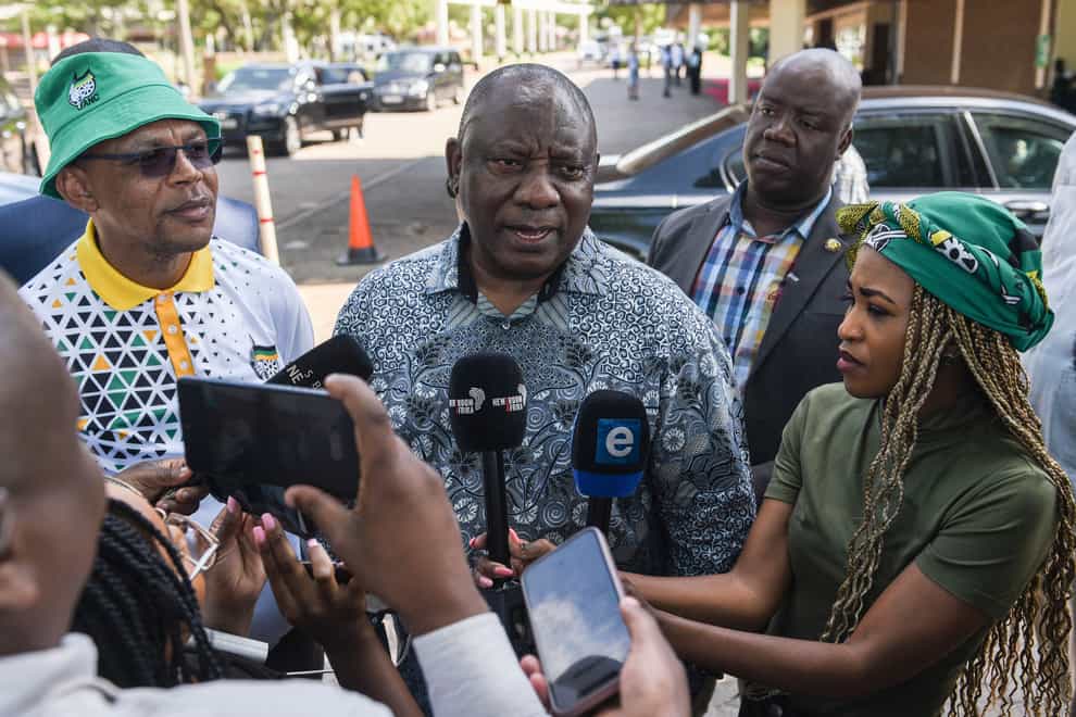 South African president Cyril Ramaphosa speaks to the media after leaving an African National Congress meeting in Johannesburg (AP)