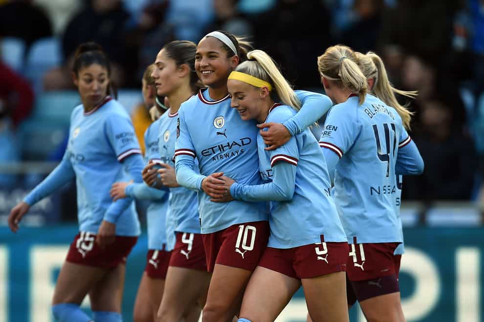 Chloe Kelly (centre) was involved in the build-up for the first two goals as Manchester City beat Brighton 3-1 (Peter Powell/PA).
