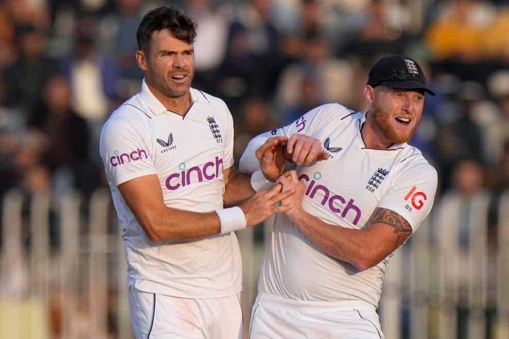 James Anderson, left, and Ben Stokes celebrate the wicket of Zahid Mahmood (Anjum Naveed/AP)