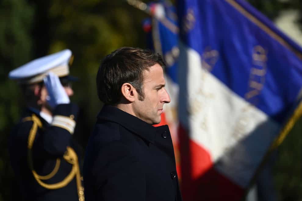 French President Emmanuel Macron pays his respects during a ceremony at the Camp des Milles memorial site in Aix-en-Provence, southern France (Christophe Simon/Pool/AP)