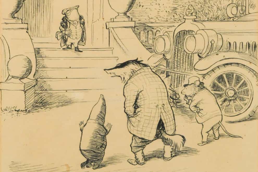 An original illustration for Wind in the Willows, showing Mr Toad, Ratty, Badger and Mole outside Toad Hall, has sold at auction for £33,644 (Cheffins auctioneers/ PA)
