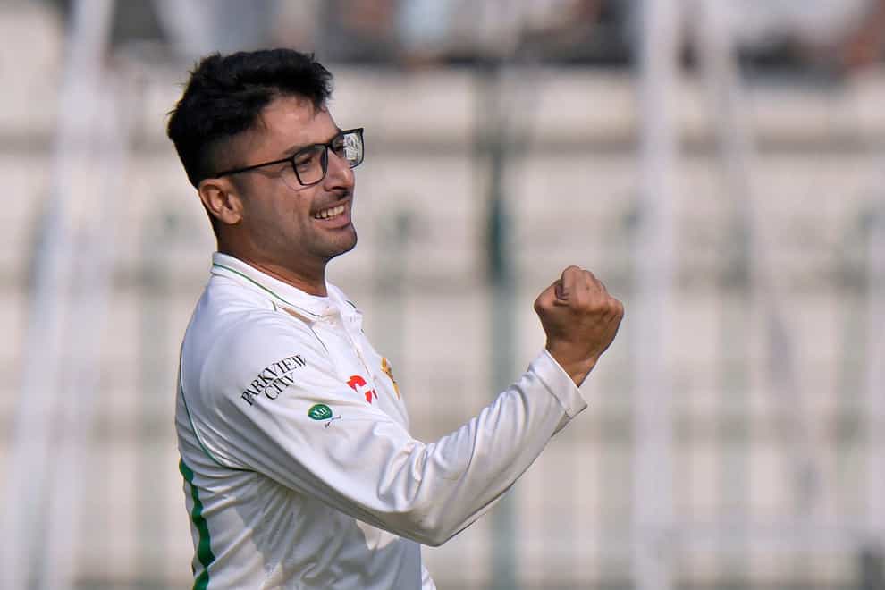 Abrar Ahmed starred with the ball on his maiden Test match with an incredible seven for 114 as England were bowled out for 281 (Anjum Naveed/AP)