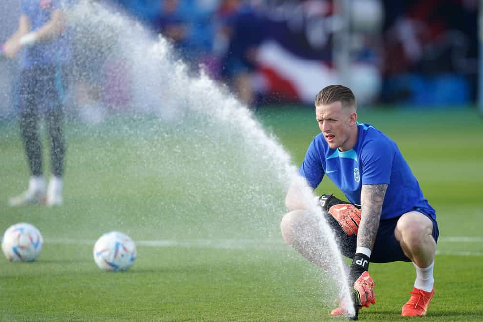 England’s Jordan Pickford is getting to grips with the official World Cup ball (Adam Davy/PA)