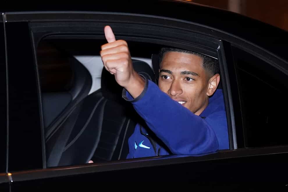 England’s Jude Bellingham leaves Birmingham Airport after the squad arrived home. (Jacob King/PA)