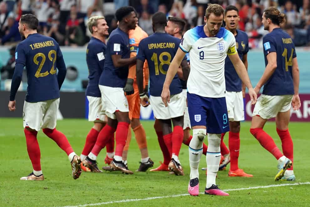 Harry Kane reacts after missing his crucial second penalty against France (Adam Davy/PA)