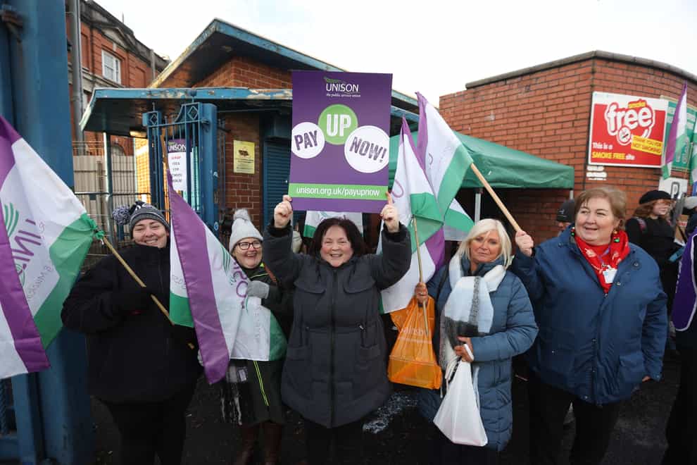 Unison members stage a 24 hour strike outside the Royal Victoria Hospital in Belfast, Northern Ireland. Monday December 12, 2022.