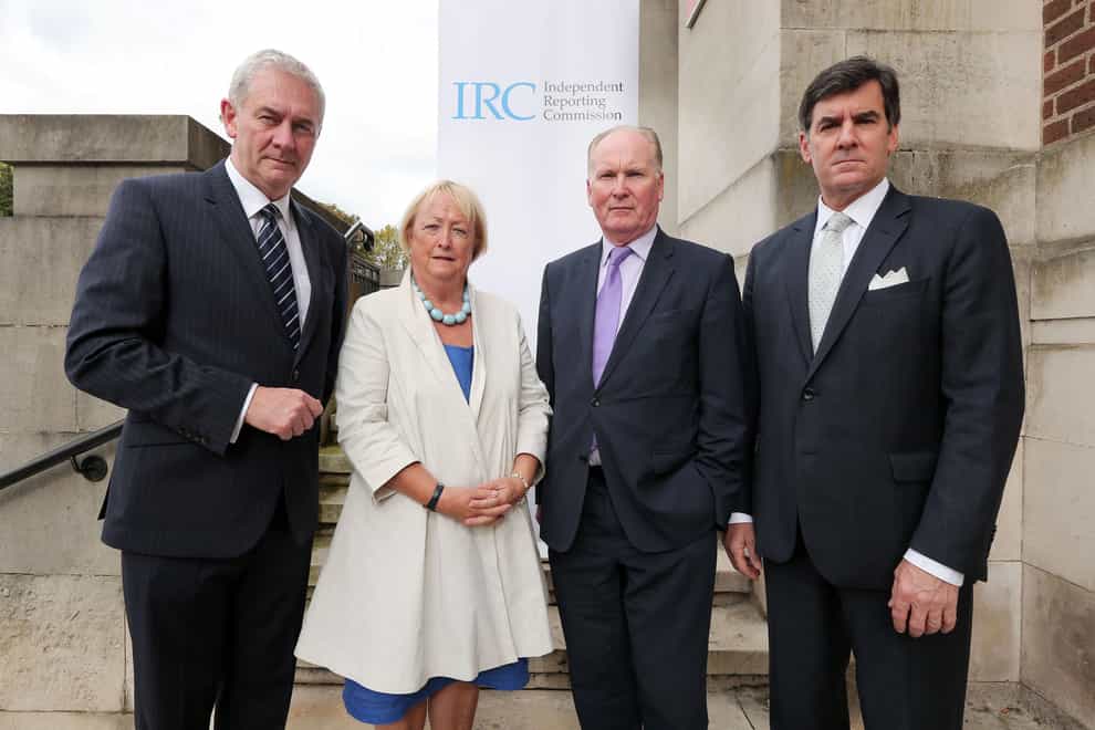 (l to r) John McBurney, Monica McWilliams, Tim O’Connor and Mitchell Reiss, commissioners with the Independent Reporting Commission (Kelvin Boyes/Press Eye/PA)