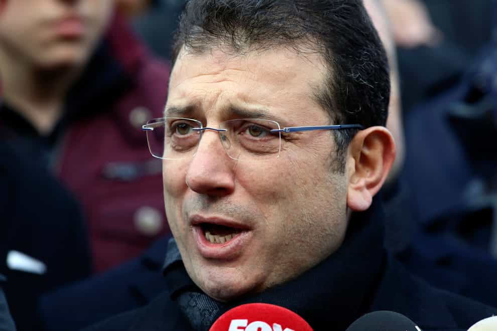 Mayor of Istanbul Ekrem Imamoglu speaks to the media at Kocatepe Mosque, in Ankara. He has been to two years and seven months in prison on charges of insulting members of Turkey’s Supreme Electoral Council (Burhan Ozbilici/AP/PA)