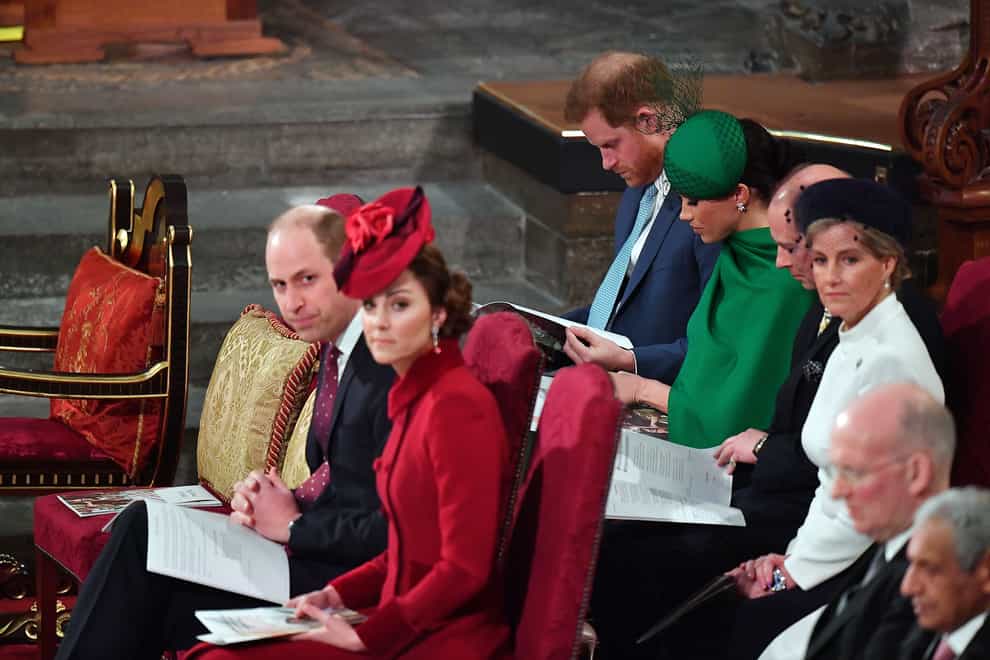 The Duke and Duchess of Sussex sit with the Earl and Countess of Wessex, behind the Duke and Duchess of Cambridge, at the 2020 Commonwealth Service at Westminster Abbey, Harry and Meghan’s final official engagement before they quit royal life (Phil Harris/Daily Mirror/PA)