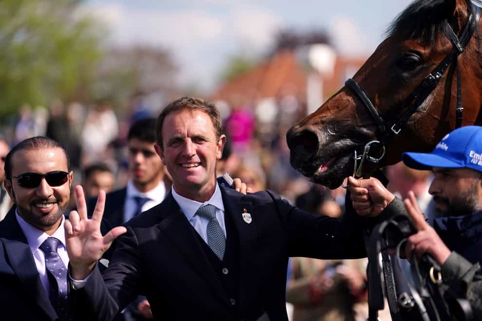 Trainer Charlie Appleby celebrates after winning the Qipco 2000 Guineas Stakes with Coroebus (Tim Goode/PA)