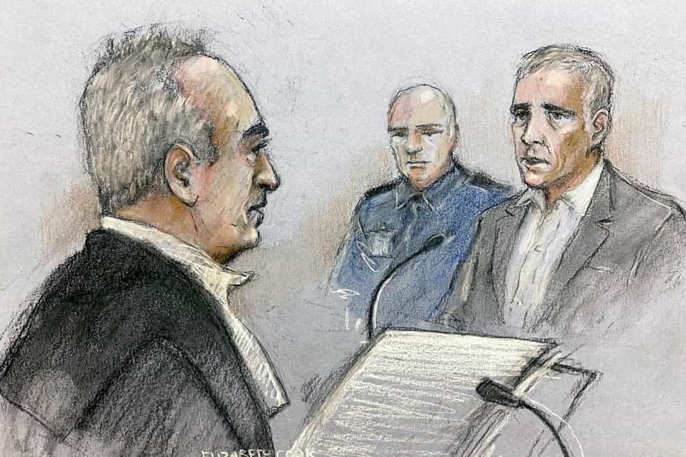 Court artist sketch by Elizabeth Cook of former Sinn Fein councillor Jonathan Dowdall being cross examined by Mr Hutch’s defence barrister, Brendan Grehan SC during the trial at the Special Criminal Court, Dublin (PA).