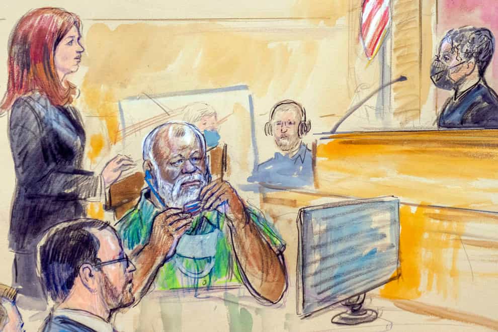 The artist sketch depicts Assistant US Attorney Erik Kenerson, front left, watching as Whitney Minter, a public defender from the eastern division of Virginia, stands to represent Abu Agila Mohammad Mas’ud Kheir Al-Marimi, accused of making the bomb that brought down Pan Am Flight 103 over Lockerbie, Scotland, in 1988, in federal court in Washington (Dana Verkouteren via AP)