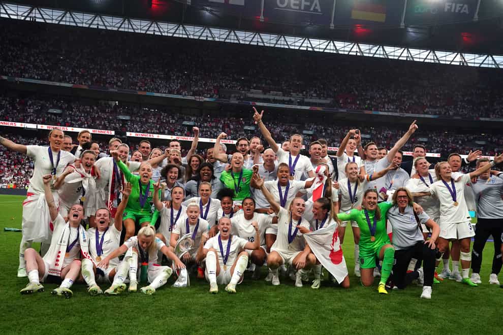 England players celebrate with the trophy after winning UEFA Women’s Euro 2022 final at Wembley (Nick Potts/PA)