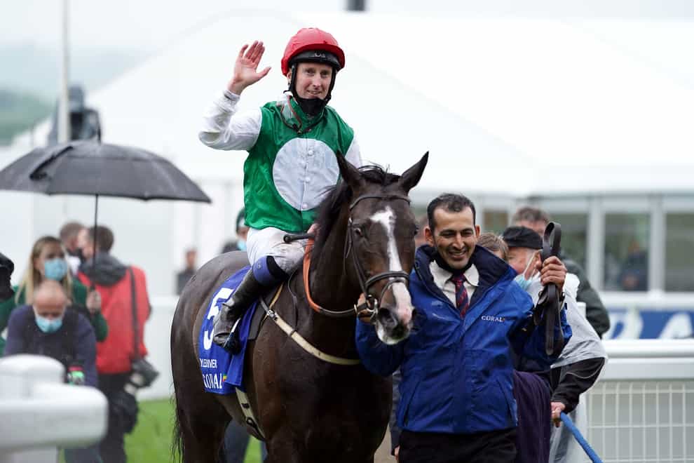Martin Dwyer celebrates after Pyledriver won the Coral Coronation Cup at Epsom in June 2021. (Mike Egerton/PA)