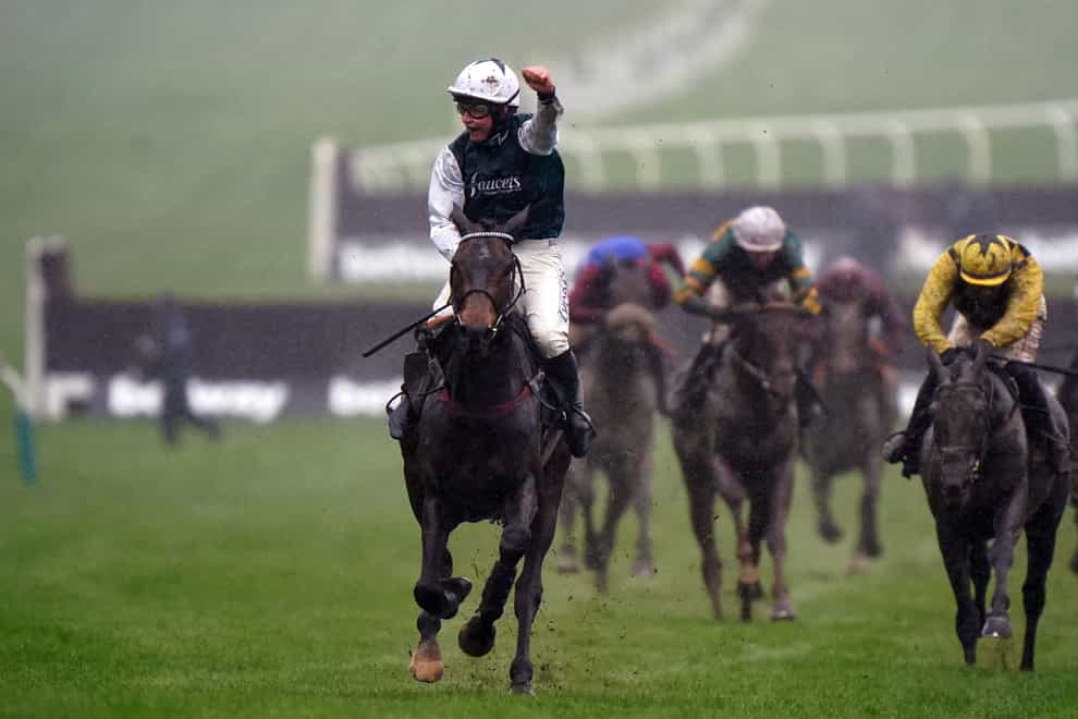 L’Homme Presse ridden by Charlie Deutsch on their way to winning the Brown Advisory Novices’ Chase at Cheltenham in March, 2022. (Tim Goode/PA)