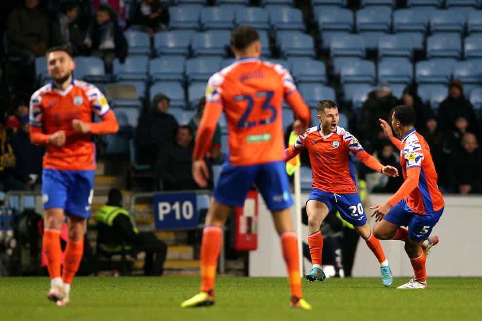 Liam Cullen (second right) celebrates his goal which earned Swansea a draw at Coventry (Nigel French/PA)