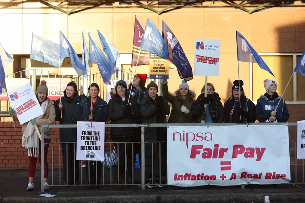 Members of the Royal College of Nursing on the picket line outside Mater Infirmorum Hospital in Belfast (Liam McBurney/PA)